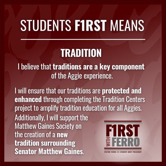 vjferro22's tweet photo. ➡️ Introducing the FIRST pillar of the #FirstWithFerro platform: COMMUNITY 👍🏽

Learn more about how I plan to put student needs 1️⃣st with Ferro through: 
•Student Organization Autonomy
•Sustainability
•Violence Prevention
•Reduce Waste
•Tradition https://t.co/XHR13ikIkn