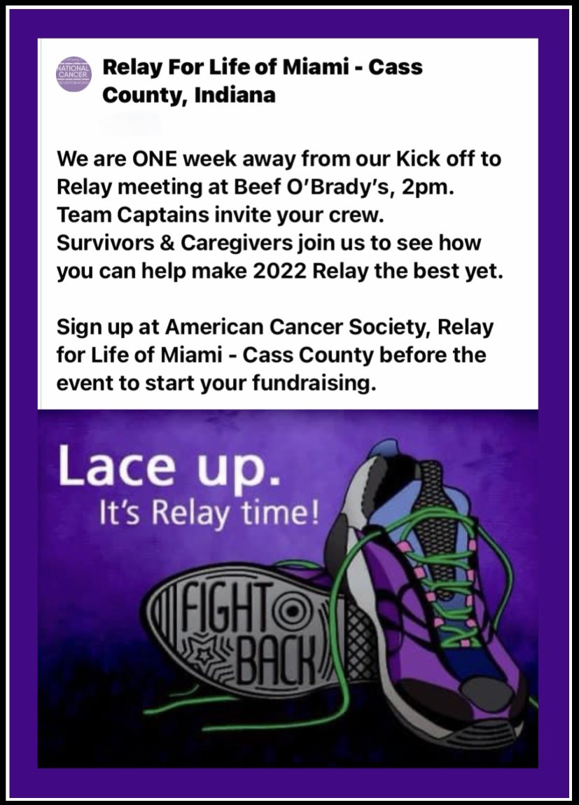Relay For Life of Miami - Cass County, Indiana <a href="/RelayForLife/">RelayForLife</a> <a href="/AmericanCancer/">American Cancer Society</a> <a href="/theNCI/">National Cancer Institute</a> <a href="/IndConnection/">Indiana Connection</a> <a href="/IndianaRHA/">Indiana Rural Health Association</a> <a href="/SU2C/">Stand Up To Cancer</a> <a href="/NoBrainCancer/">BrainCancer.org</a> <a href="/BidenCancer/">Biden Cancer</a> <a href="/theNCI/">National Cancer Institute</a> <a href="/theABTA/">American Brain Tumor Association</a> #CancerMoonshot #CancerAwareness #braincancer #cancersurvivor #caregivers