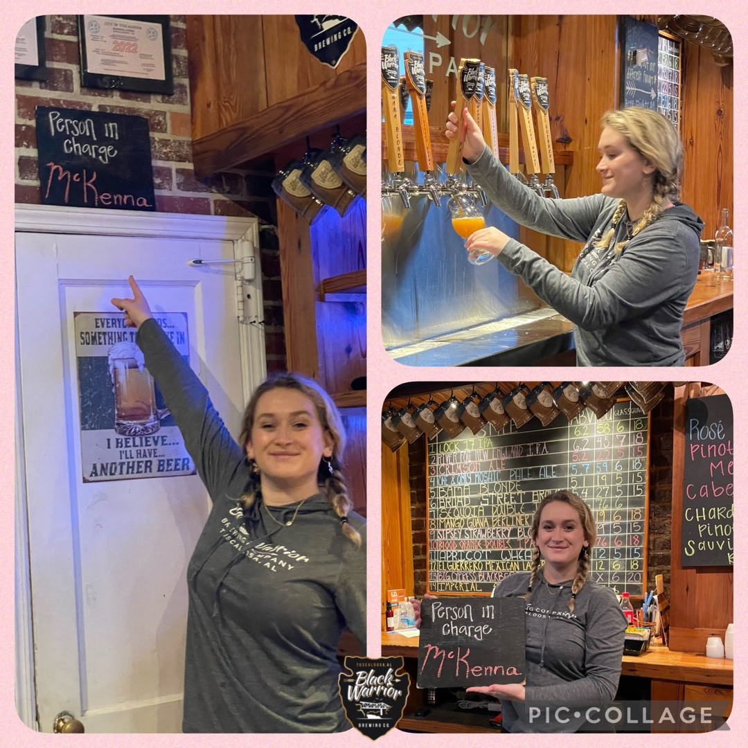 BlackWarriorBC's tweet photo. Looking for something fun to do? Stop by the taproom for some delicious #craftbeer! It’s McKenna’s first official bartending shift and she can’t wait to serve you! #drinklocAL #blackwarriorbrewery https://t.co/ivRBCSOZWa