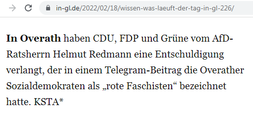Stefan_K__'s tweet photo. #Noafd Helmut #Redmann, #Ratsherr im #Overather #Stadtrat hat bei #Telegram die #Overath-er #Sozialdemokraten als „rote Faschisten“ bezeichnet. Die anderen demokratischen #Fraktionen zeigten sich solidarisch und verlangen eine #Entschuldigung. https://t.co/AmxrWF9pNb
