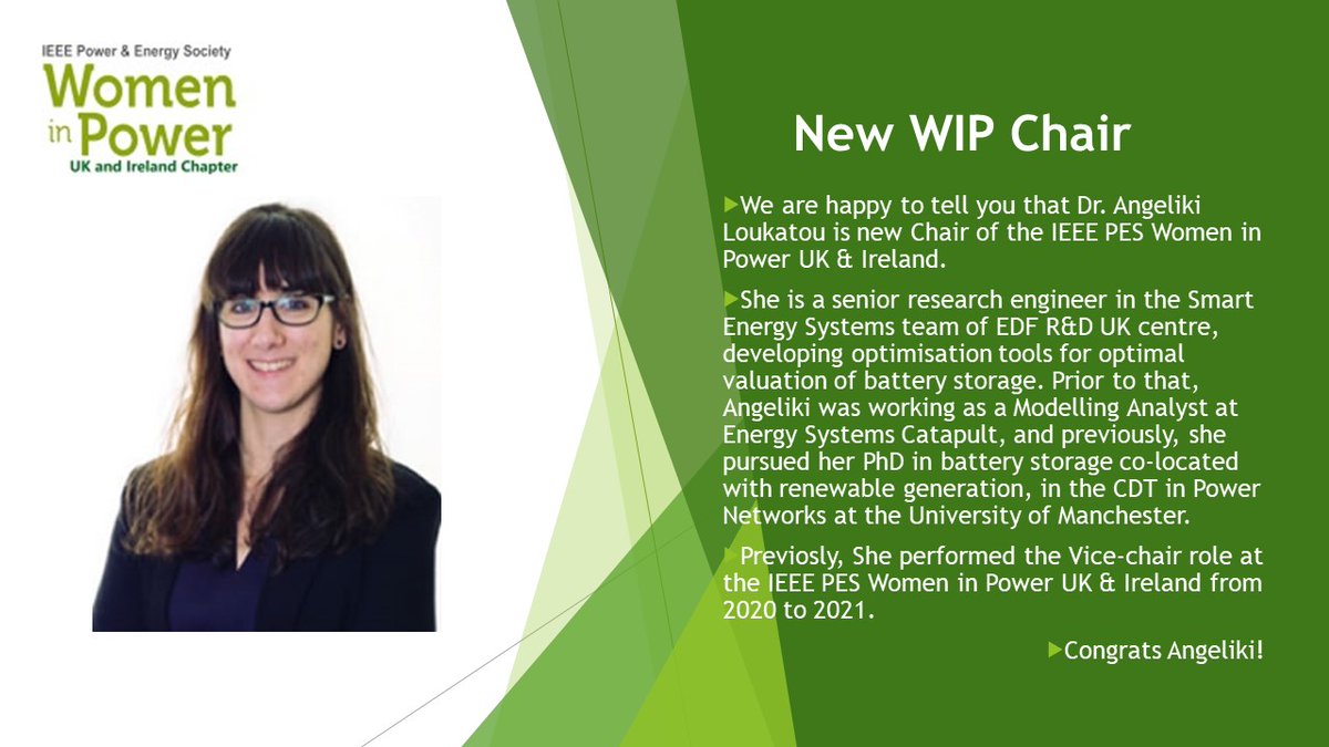Great news! We are delighted to announce that our new WIP chair is <a href="/AngelikiLk/">Dr. Angeliki Loukatou</a>. We are pleased that she is taking on this new role at the <a href="/ieeepeswip_UKI/">IEEE PES WiP UK and Ireland</a>.
And thank you <a href="/JelenaPonocko/">Jelena</a>, we will miss you :)