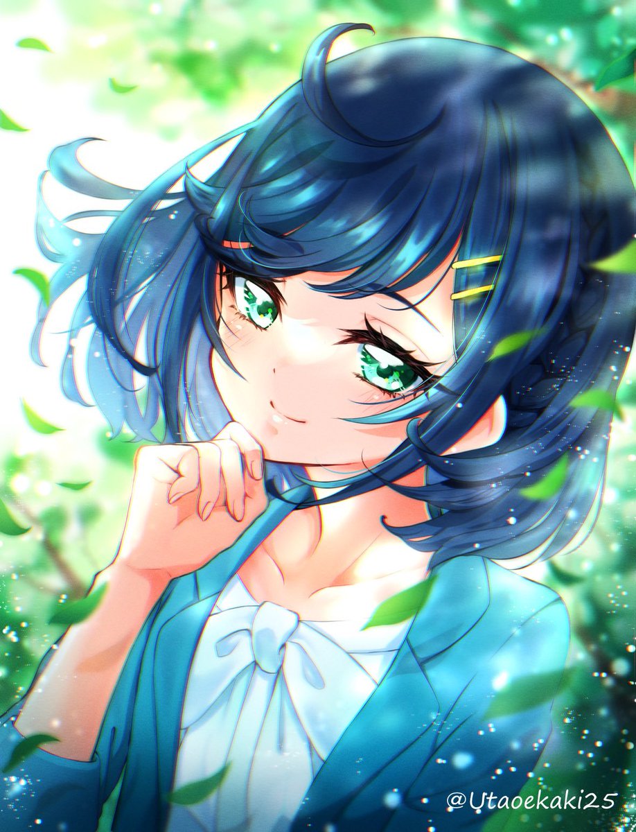 1girl solo hair ornament blue hair green eyes smile twitter username  illustration images