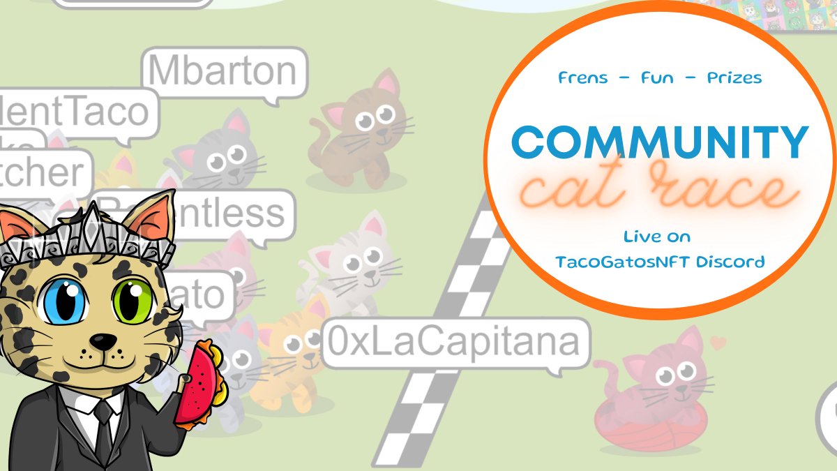 TacoGatosNFT's tweet photo. ๐ There's nothing better than a race where all you have to do is enter a gif, sit back, relax and watch as the cats run ๐พ for the finishline! Top 3 move on to the championship.
Next round is Monday at 9pm EST ๐
https://t.co/nKLA0KSXbz
#NFTCommunity #GatoRace https://t.co/XGtKBsiixd