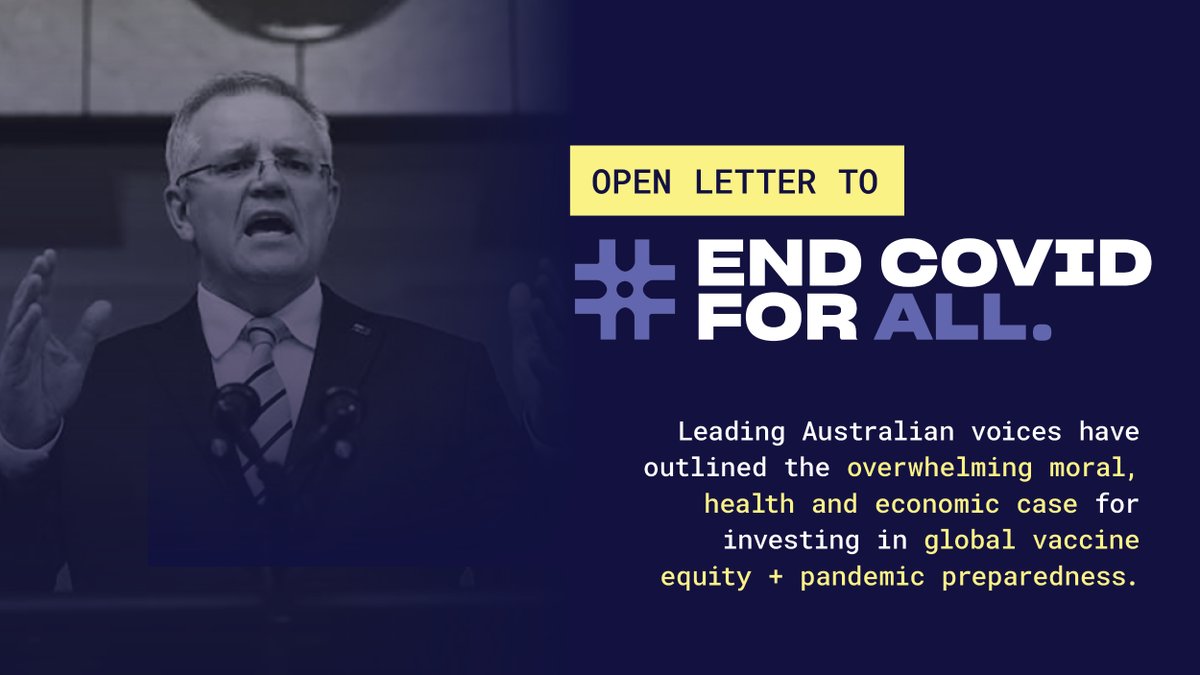 Leading 🇦🇺 voices have written to <a href="/ScottMorrisonMP/">Not ScoMo</a> calling for:

🌏$250m to COVAX to tackle global vaccine inequity

👩‍⚕️$50m to address hesitancy in our region

🦠$100m to CEPI to reduce future pandemics

Open Letter - endcovidforall.com/media

#EndCOVIDforAll #auspol