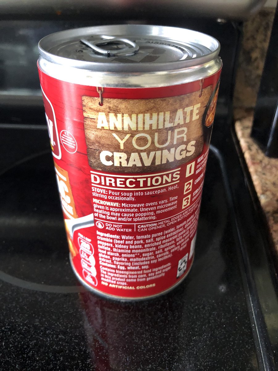 Why is the label copy on this can of chicken and dumpling soup so aggro? MURDER YOUR HUNGER. RUN YOUR APPETITE OVER WITH A TRUCK.