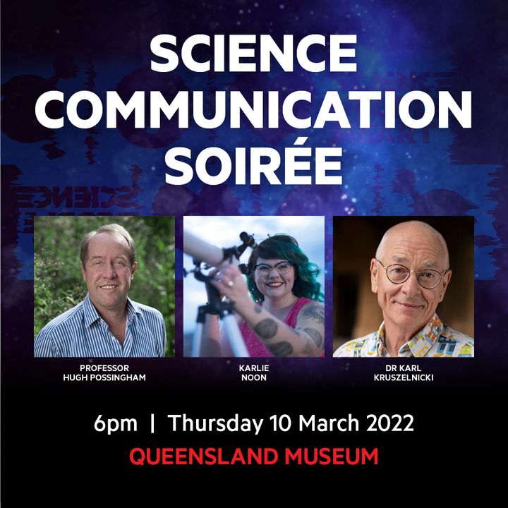 Calling all budding science communicators! #WSFB2022 has a unique opportunity to learn from Australia's best-in-the-biz in a special networking evening, featuring <a href="/HugePossum/">Hugh Possingham</a>, <a href="/karlie_moon_/">Karlie Alinta Noon</a> &amp; <a href="/DoctorKarl/">Dr Karl</a>. Book your tickets today! 🎟️ bit.ly/WSFB-soiree