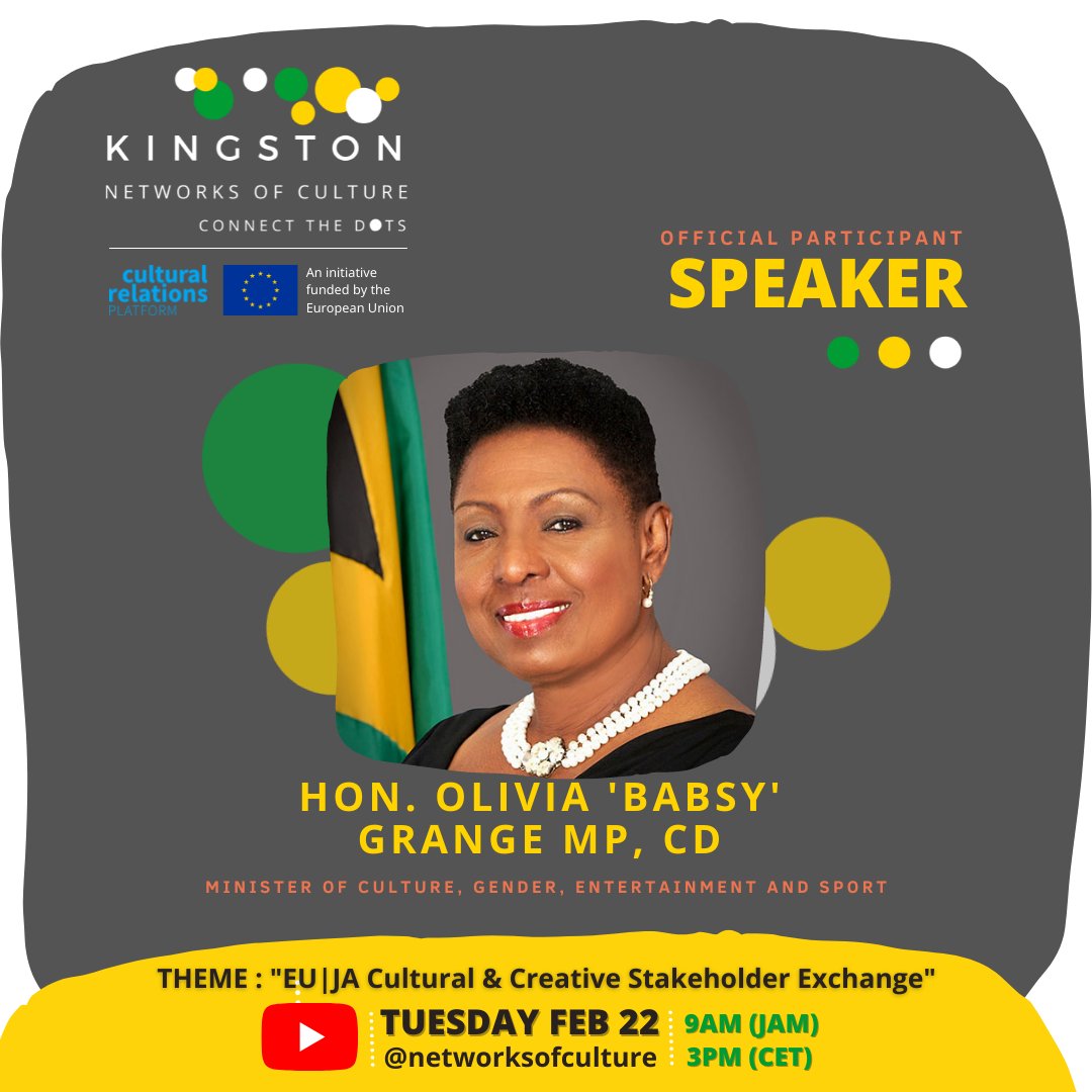 hiddenbluegem's tweet photo. It is a privilege to have the Hon. Minister Olivia Grange @Babsy_grange Minister of Culture, Gender, Entertainment and Sport @MCGESJamaica giving opening remarks for @NOC_Culture K:NOC's event on Tuesday. Looking forward to it. #Connectthedots #Jamaica #EU @CultExtRel https://t.co/9BewStMrLl