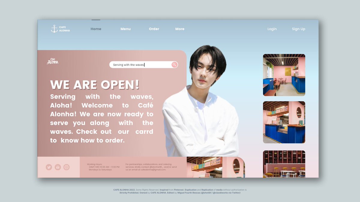 CFALONHA's tweet photo. ⠀

      ────   ⚓  WE ARE OPEN ⨾

      Serving with the waves, Aloha!
      Welcome    to    Café    Alonha! 
      We are now ready to serve you
      along  with  the  waves. Check
      out  our  carrd to  know how to
      order.  [ https://t.co/20vzj8db3a ]

⠀⠀ https://t.co/iw32LQauf1