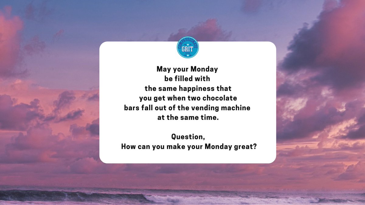 CompassionGrit's tweet photo. Mondays' don't have to be all doom and gloom. How can you make your Monday great?
#mondaymotivation #mondaytomonday #selfcompassion #grit #compassionategrit #readyplayer1 https://t.co/6OH68oM5n1