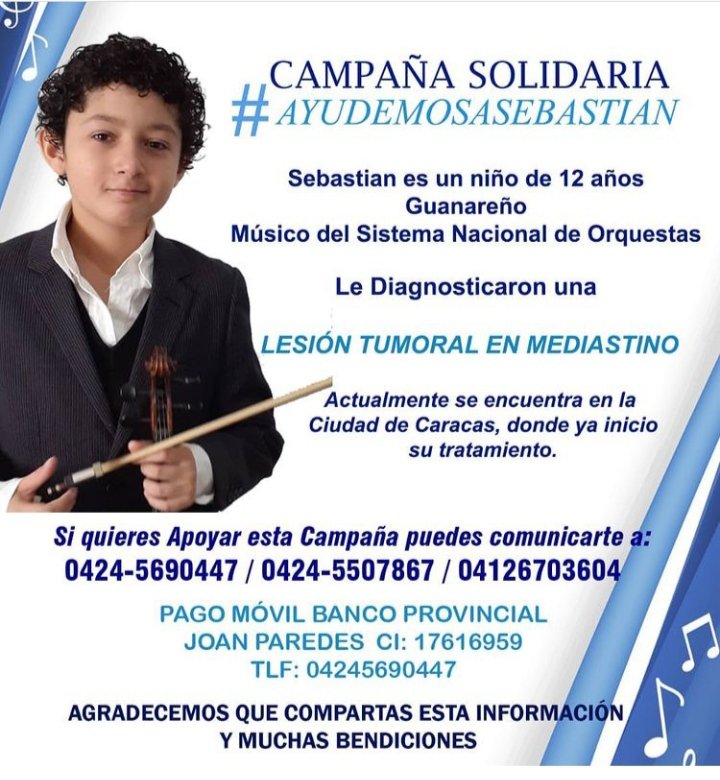 NTN24ve's tweet photo. #ServicioPúblicoNTN24 El músico venezolano Joan Sebastián Paredes necesita donantes de sangre tipo A+ para esta semana y ayuda para tratar una lesión tumoral en mediastino

Acudir a las 8 am al Banco de Sangre de la Clínica Vidamed, av Libertador y Casanova - Caracas. https://t.co/urYbC9uWtj