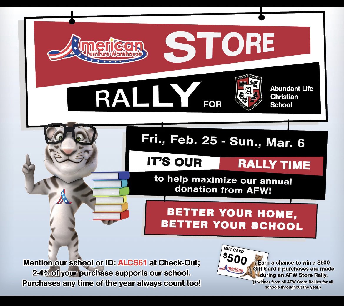 Pastor_Cindy's tweet photo. If you’re in the market for new furniture, visit American Funiture Warehouse. Presidents Day Weekend is Rally Time for Abundant Life Christian School. Thank you for your support. https://t.co/HqFHmiFu0X
