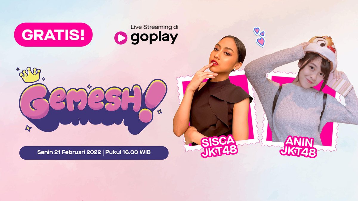 EverywhereID's tweet photo. Yuhu, nanti sore ada @S_SiscaJKT48 &amp; @R_AninJKT48 nih di Gemesh! Pasang reminder kamu buat jam 16.00 ya 🥰

🔗 https://t.co/FqTH5ebmbH…

#Gemesh #JKT48 #SiscaJKT48 #AninJKT48 #GoPlayPlaydate #PlaydatediGoPlay https://t.co/joyiRzZtqb