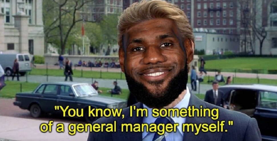 LakersSBN's tweet photo. LeBron walking into Rob Pelinka's office with a 5-0 record as All-Star Captain https://t.co/3s6RnaAxtM