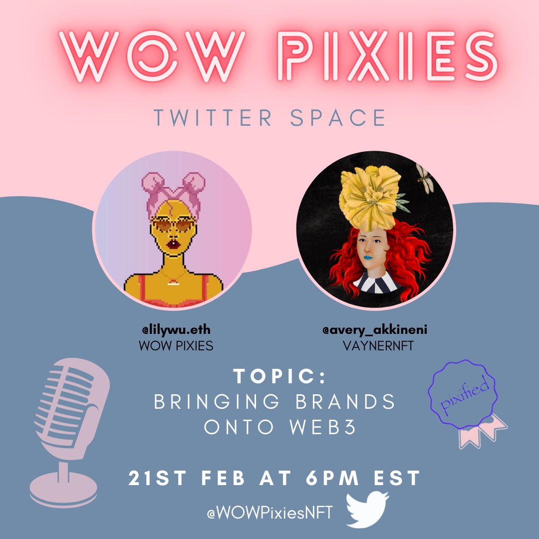 We’re excited to be hosting <a href="/avery_akkineni/">Avery</a>, President of @vaynernft tomorrow on <a href="/WoWPixiesNFT/">PIXIES WORLD 🧚‍♀️ MINTING NOW</a> spaces. Avery is a prominent figure in the NFT space and at the forefront of helping bring brands to Web3 ❤️x.com/i/spaces/1YqKD…
