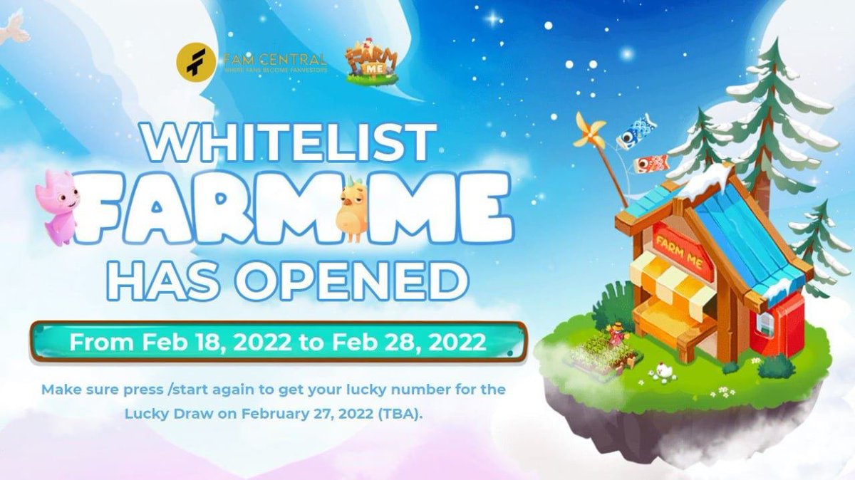 GMCapitalVN's tweet photo. 🚀WHITELIST FARM ME HAS STARTED 👉Complete the task at https://t.co/vXHWpQPkfg 🔥Whitelist Farm Me will end on February 28, 2022. ⚠️Note: - After completing the task, press “/start” to get lucky code for Lucky Draw program on 27/02/2022 (Tentative). #Farmme #Famcentral https://t.co/w3YKKjcqd3