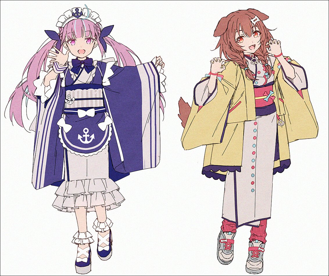 gawr gura ,mori calliope ,ninomae ina'nis halo multiple girls 3girls holding pink hair obi fish tail  illustration images