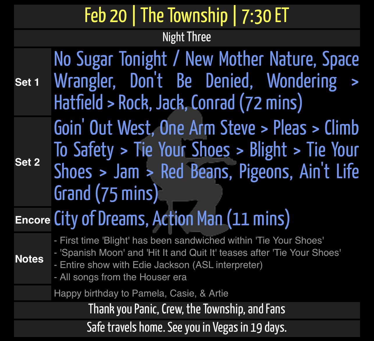Panicstream What A Run Safe Travels Home To All Those In Attendance Thank You Widespreadpanic Crew The Townshipsc And This Incredible Fanbase See You In Vegas In 19