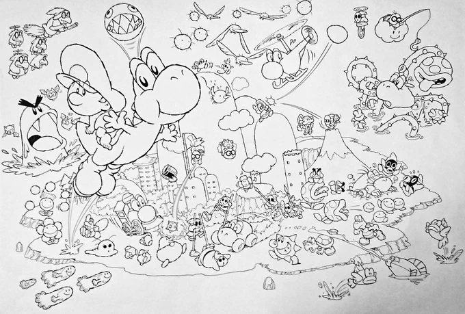 NTDの仕事は、アートミック経由でちょこちょこ受けたなあ。

最初の頃は公式の絵が定まっておらず、中々先に進めなかった。

95年のヨッシーアイランドの頃は、しっかりとキャラクター表が作られるようになり 仕事はやりやすくなった。

これは大型ジグソーパズル用の原画。 