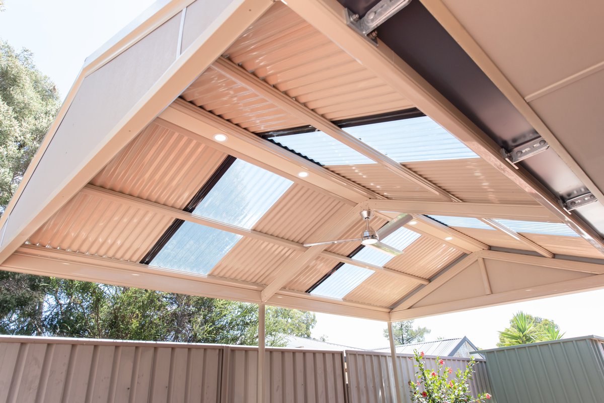 UtterGutters's tweet photo. This gable was customised by the homeowners to suit their personal needs. They added a fan, LED lights and translucent sheeting to allow natural light under the verandah. It's the perfect complement to the couples' home. 
https://t.co/7W0xJ95BML
#gable #carports #renovate #patio https://t.co/Z4g599ZBfb