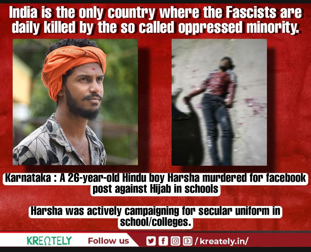 vibe_ind's tweet photo. The work of OPPRESSED minority: 

1. Kishan Bharvard 
2. Hiralal
3. Rupesh Pandey 
4. Dilip from Davanagere
5. Harsh (Most recent) 

It’s evident that they can MURDER anyone freely in the country while CRYING for their rights. 

RT this trend. 
#JusticeForHarsha https://t.co/Erex00mExm