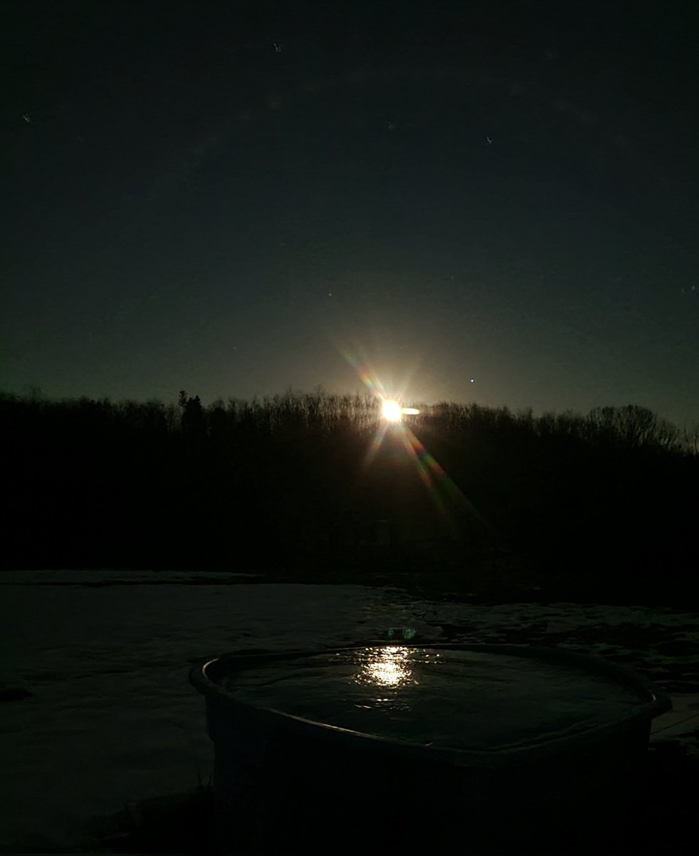 Waning moonrise with reflection off the ice on my stock tank.