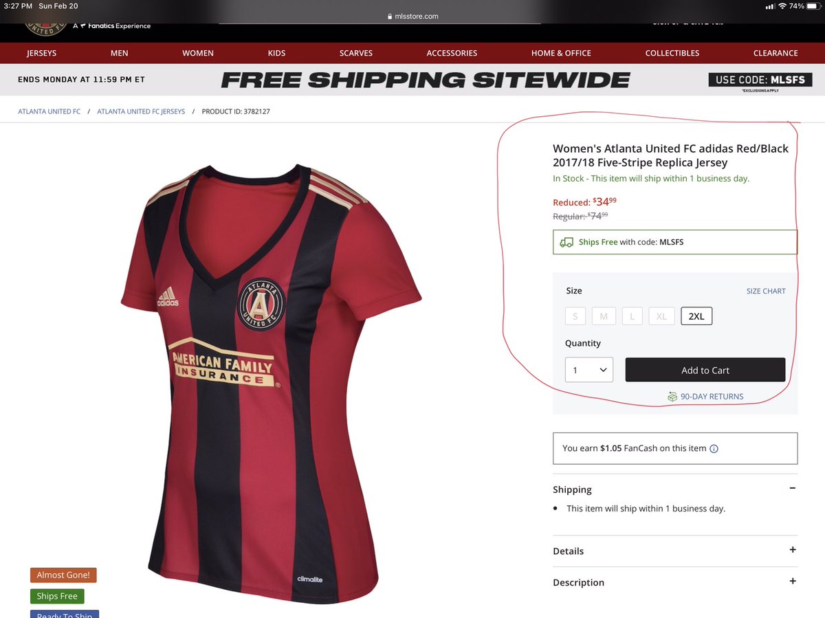 SheGeeksBlog's tweet image. Hey, MLS Store, please explain why this sale apparently only applies to thin people (esp since the only size available is 2xl)?! Y’all know fat women love soccer too, right?!?! @mls @ATLUTD @JosefMartinez17 #ThisBrokeMyHeart #fatphobia #bodypositivity #FiveStripeTilIDie