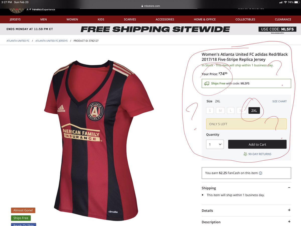SheGeeksBlog's tweet image. Hey, MLS Store, please explain why this sale apparently only applies to thin people (esp since the only size available is 2xl)?! Y’all know fat women love soccer too, right?!?! @mls @ATLUTD @JosefMartinez17 #ThisBrokeMyHeart #fatphobia #bodypositivity #FiveStripeTilIDie