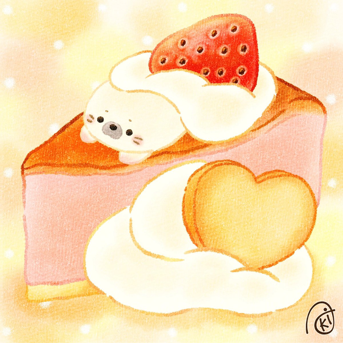 「いちごのチーズケーキ

 #イラスト  #お絵描き  #アザラシ  #いちごのチ」|Akiのイラスト