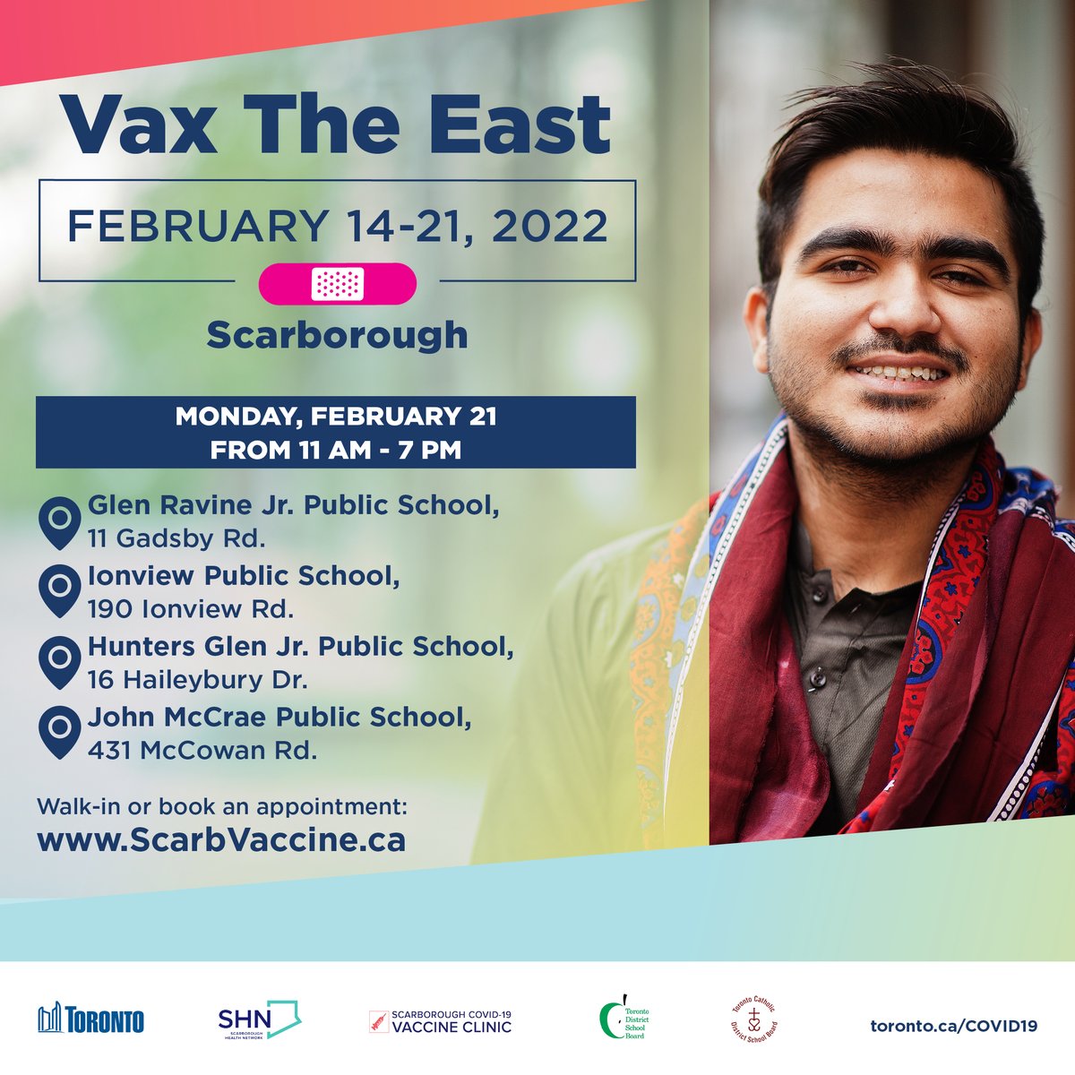 Tmr #VaxTheEast 💉 is making its last stops in #ScarbTO's Eglinton East, Ionview &amp; Bendale.

Walk-in from 11AM-7PM for 1st/2nd dose/Boosters:
📍Glen Ravine Jr PS
📍Ionview PS
📍Hunters Glen Jr PS
📍John McCrae PS

For more info about our clinics visit: ScarbVaccine.ca