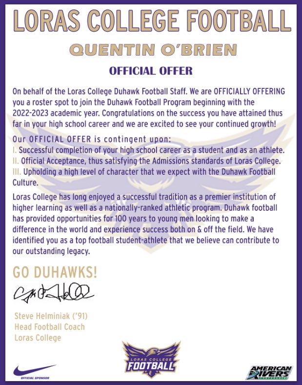 Blessed to say I have received my 6th offer from <a href="/LorasCollegeFB/">Loras Football</a>!🟣⚪️