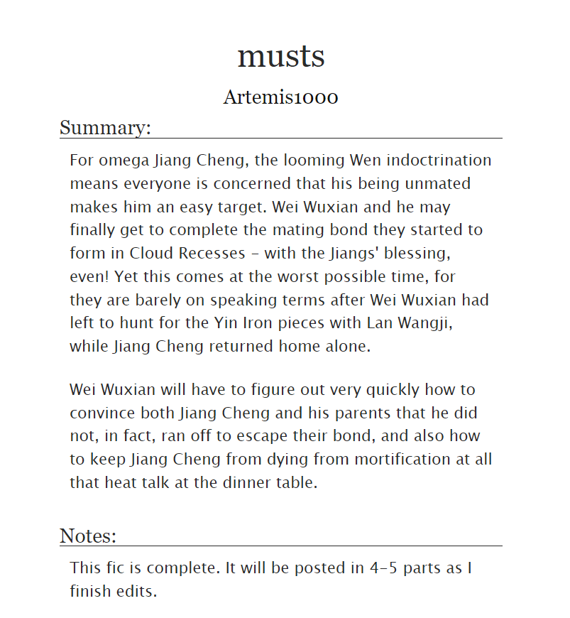 artemis_1000's tweet photo. musts - ch. 1

🌺 a/b/o
🌺 established #Chengxian
🌺 "wants &amp; needs" series: it's time for heat
🌺 also angst, drama, awkward family dinners
🌺 the questionable joy of mating because the sect heir can't risk going unmated to wen indoctrination
🌺romantic, huh?😬 https://t.co/koR3jr1cOf