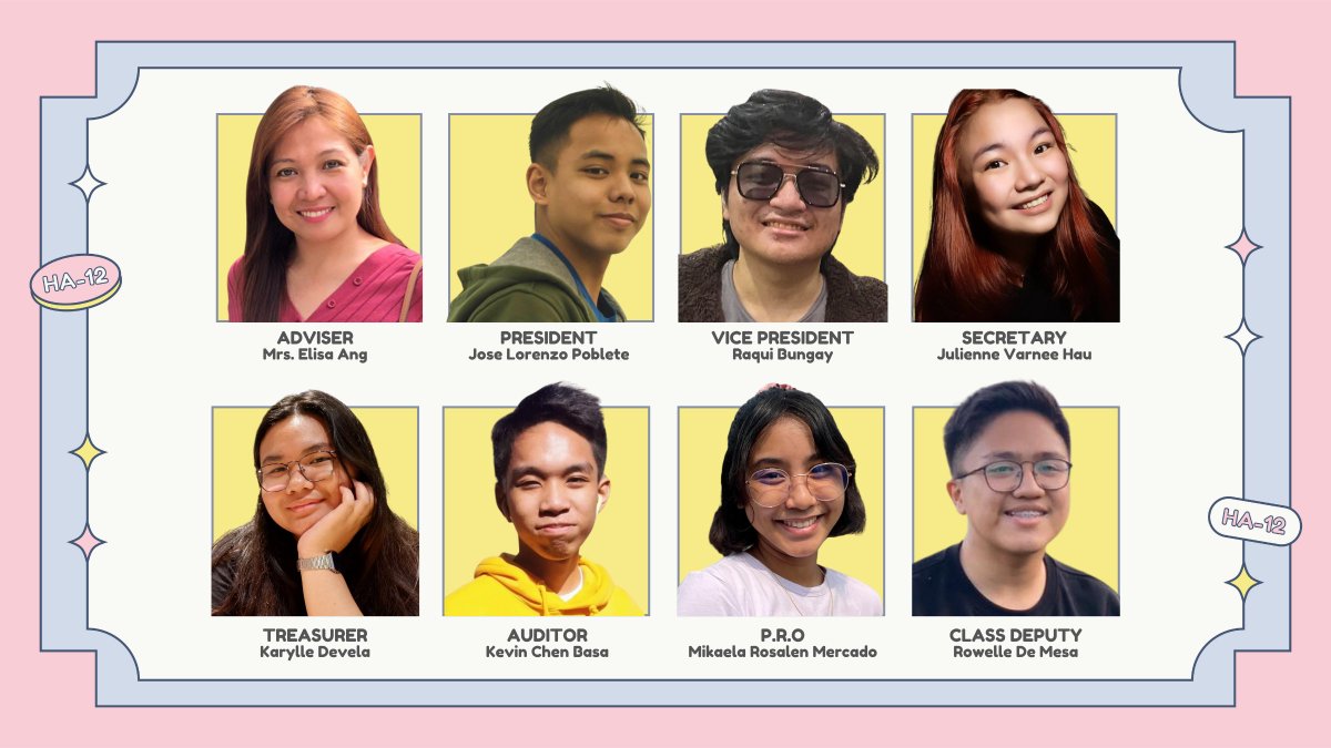 itreallyHArts12's tweet photo. Introducing 12HA-12's new set of officers and adviser for the 2nd Semester of AY. 2021-2022! 🐯✨
#itreallyHArts12
#classofficers https://t.co/3nAWwhB0Nw