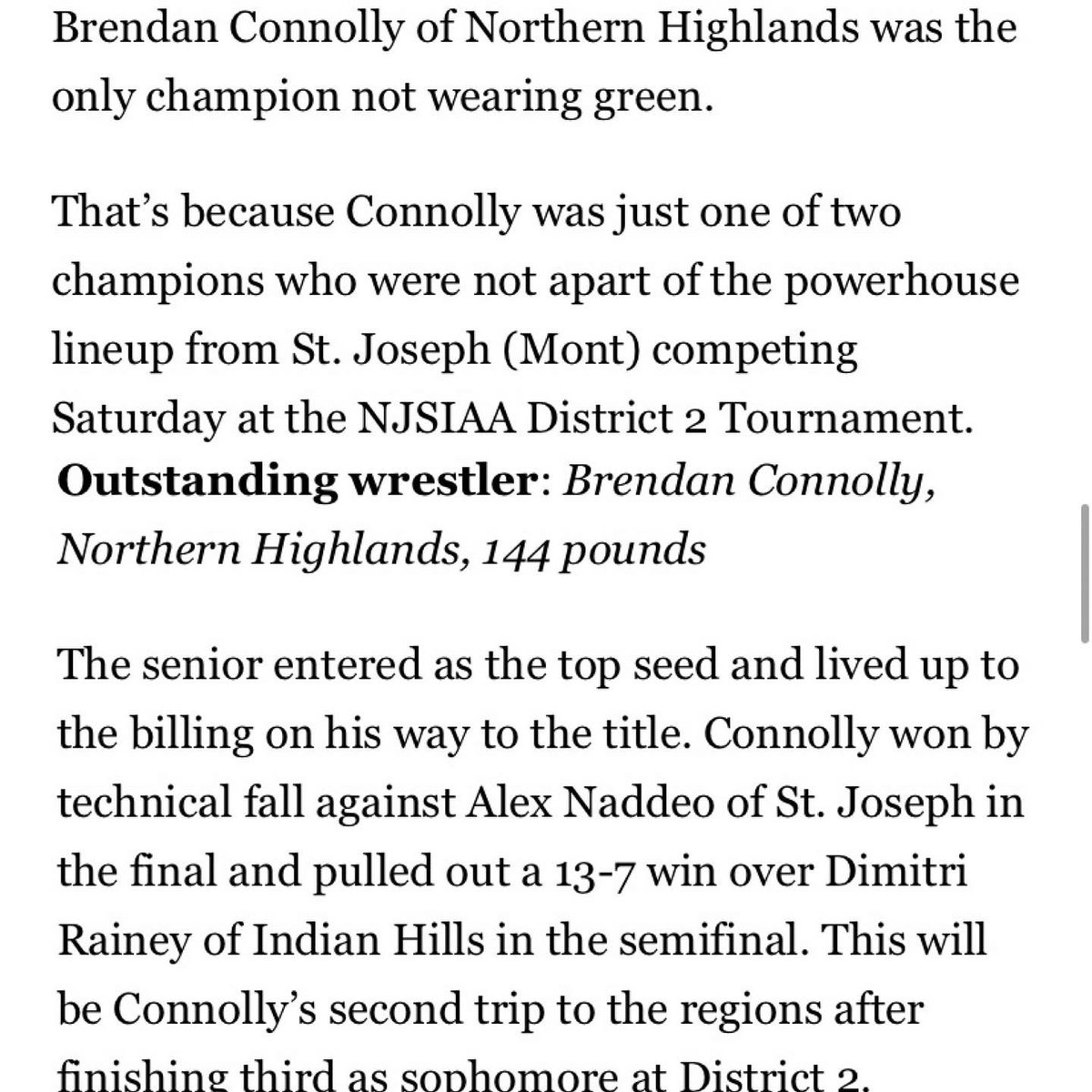 Congratulations to District Champ and the winner of The Most Outstanding Wrestler Award, Brendan Connolly!