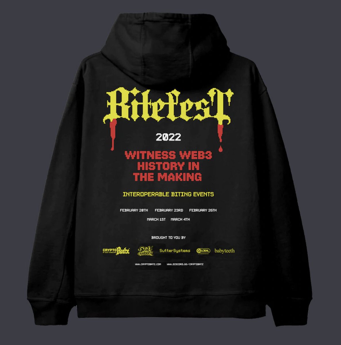 BiteFest and MutantBatz limited edition merch is available for the next 2 weeks only.

Buy here: merch.cryptobatz.com

Oh and RT for a chance to win a free hoodie of your choice - we will select some winners at random in 72 hours!