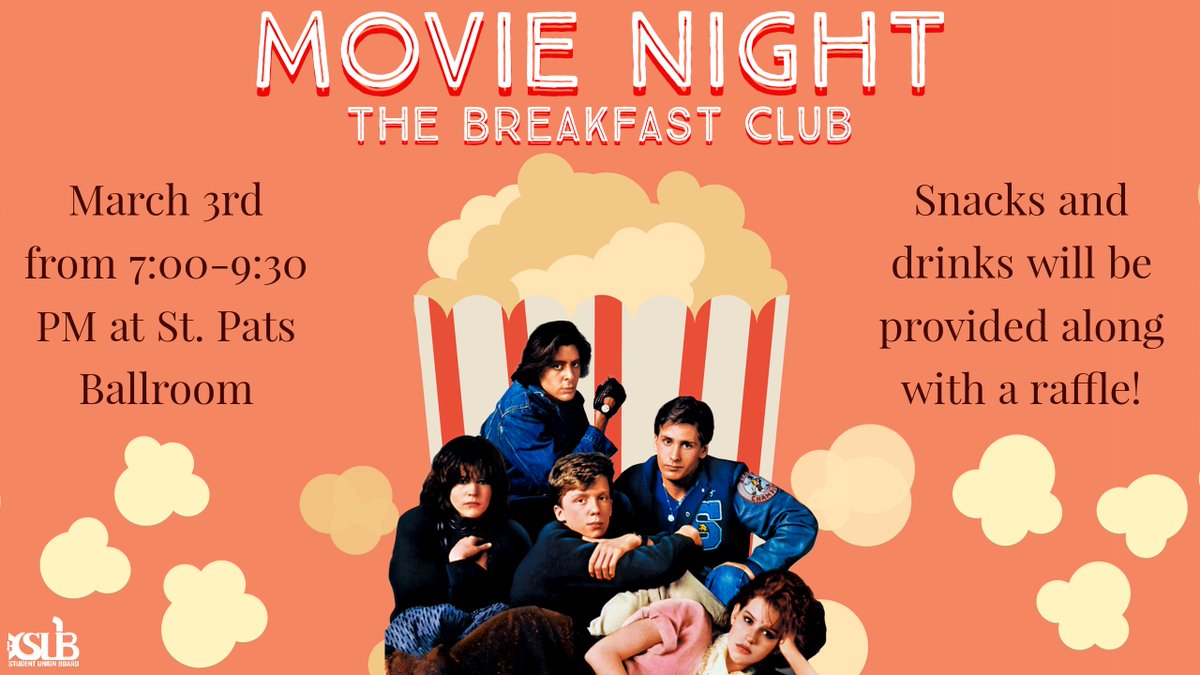 SandTSUB's tweet photo. Come and watch a free showing of The Breakfast Club where snacks and drinks will be provided along with a raffle! https://t.co/AJDCYVqZmI