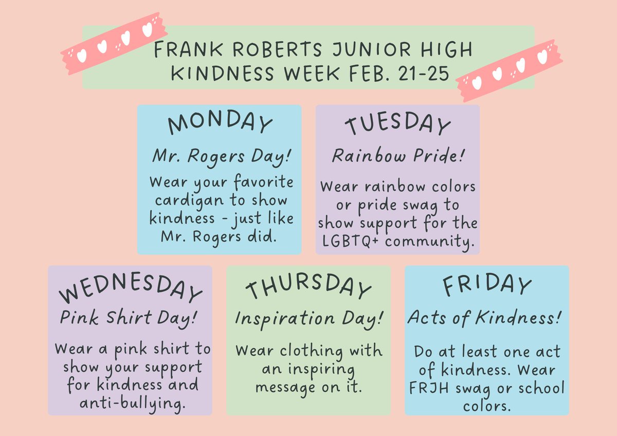 Can't wait to see your spirit and acts of kindness this week, Ravens! <a href="/FRJHschool/">@FRJHschool</a>  <a href="/Grade5Woolgar/">Greg Woolgar</a> <a href="/NLESDCA/">NLESD</a> 

Thanks for the inspiration, <a href="/mssmallhth/">Ms. Amy Small</a>  💕