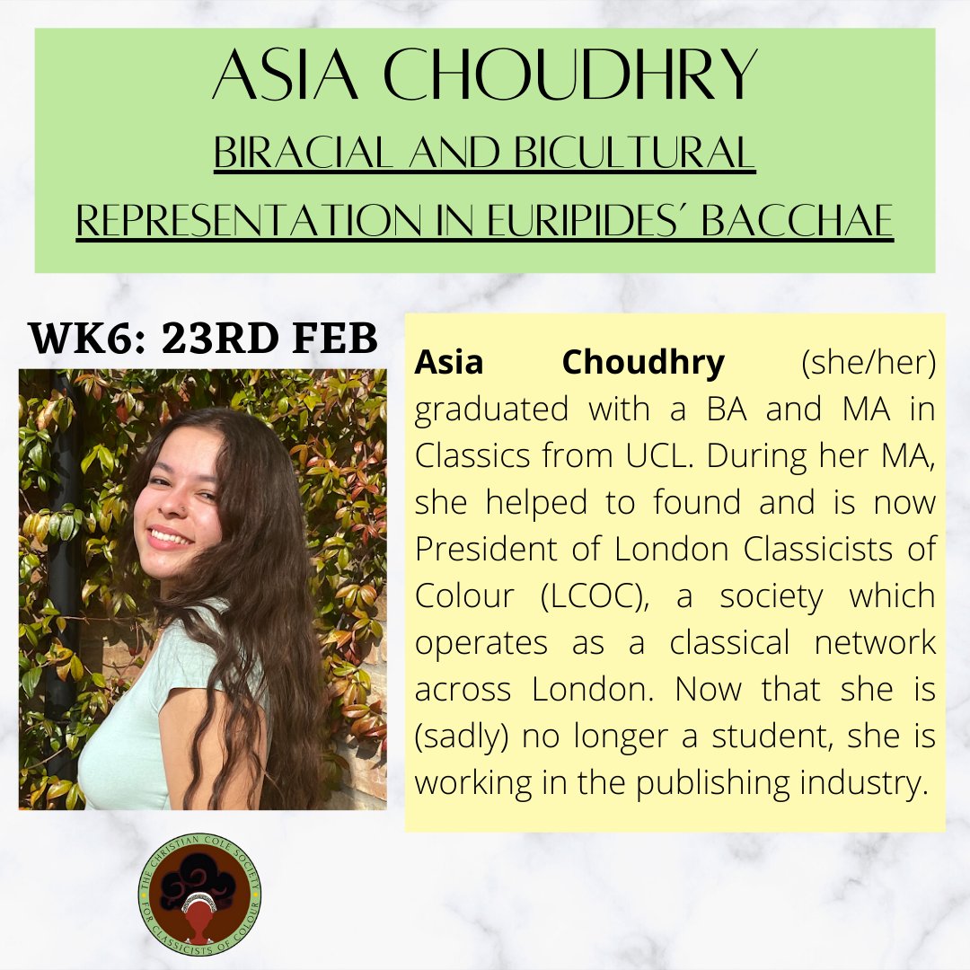 Euhoe! Join us and Asia Choudhry (President of 
@London_CoC) this Wednesday 23rd Feb at 7pm GMT to hear about biracial and bicultural representation in Euripides' Bacchae. Sign up for a Zoom link here: forms.gle/NXfcEPfvCLSBqJ……