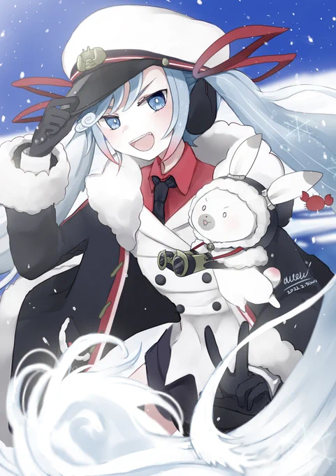 あまみさんの雪ミク&amp;ユキネ!キリッとした表情でこちらへピースをする姿がクール&amp;可愛いですね(*^。^*)【https://t.co/iZZrr9XX91】 #piapro #雪ミク #ラビット・ユキネ 
