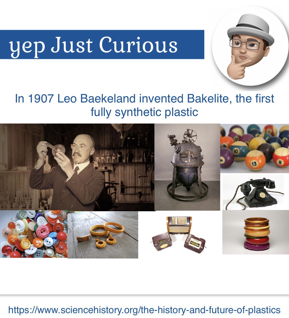 In 1907 Leo Baekeland invented Bakelite, the first fully synthetic plastic. #learning #yepjustcurious1 #curious #getcurious #staycurious #becurious #Plastic