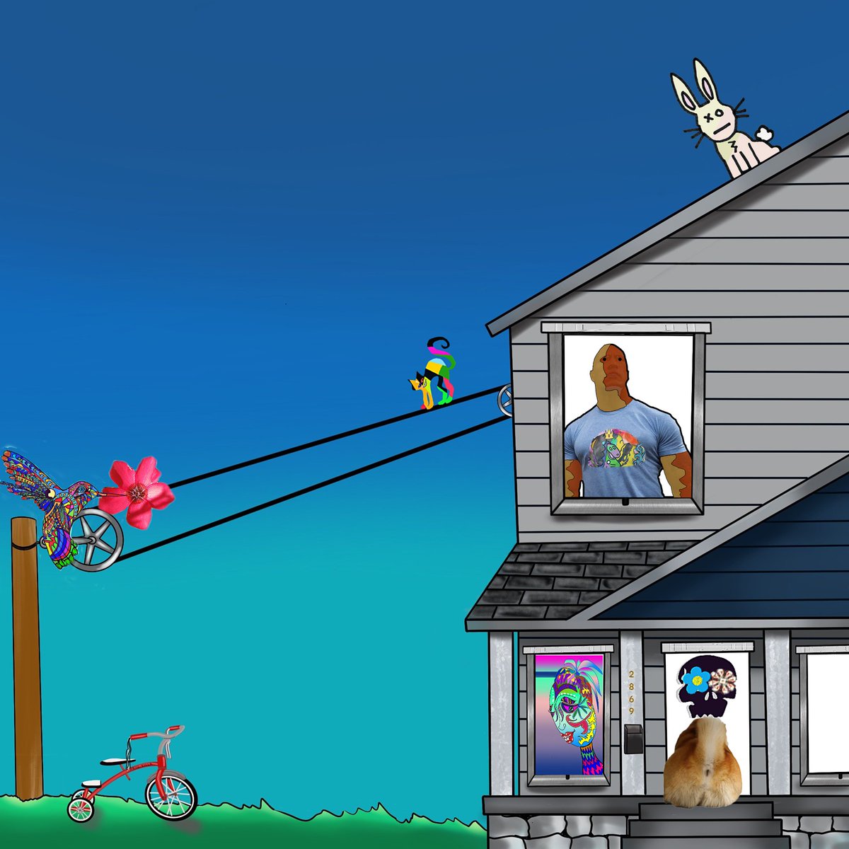 PJuggers_mrfox's tweet photo. The latest iteration of our collab creatives!  This is so awesome!  I present you a drawing of the Rock and drunk bunny on the roof!  #CCCollab #CCC 
@misfitcrows1
@SeeksNFT
@CoinSeer
@alitasnfts
@cookiecultNFT
@AngelNFTart
@Homadokhtsh https://t.co/AcU4eel3Jk
