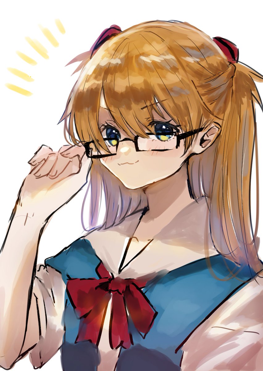 souryuu asuka langley 1girl solo glasses tokyo-3 middle school uniform blue eyes long hair white background  illustration images