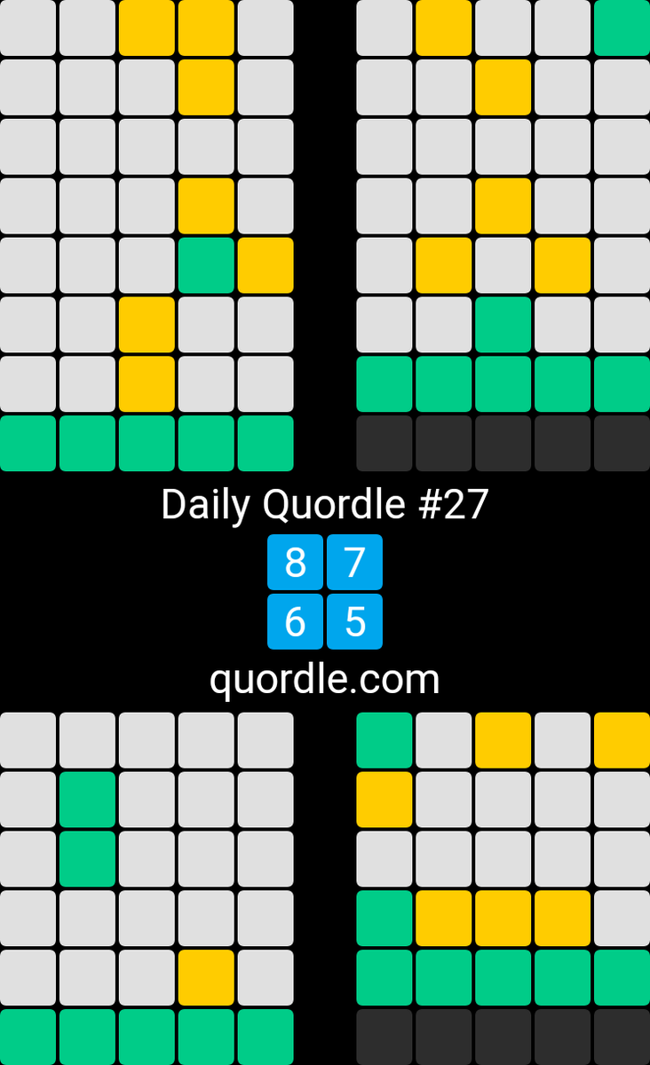 akshayl's tweet photo. Daily Quordle #27
8️⃣7️⃣
6️⃣5️⃣
https://t.co/DU49sD0Exh https://t.co/NHdNMtF36k