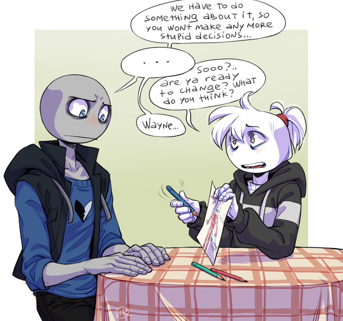 MaddSadtodd's tweet photo. Intermission. 
Has anyone made this joke yet? Well, now I did. 
I've also poked fun at some drawing issues, heh. 
Wayne can't draw. He can be good at literally anything else, except drawing. 
#YourBoyfriendfanart #YourBoyfriendGame https://t.co/G080aTZq70