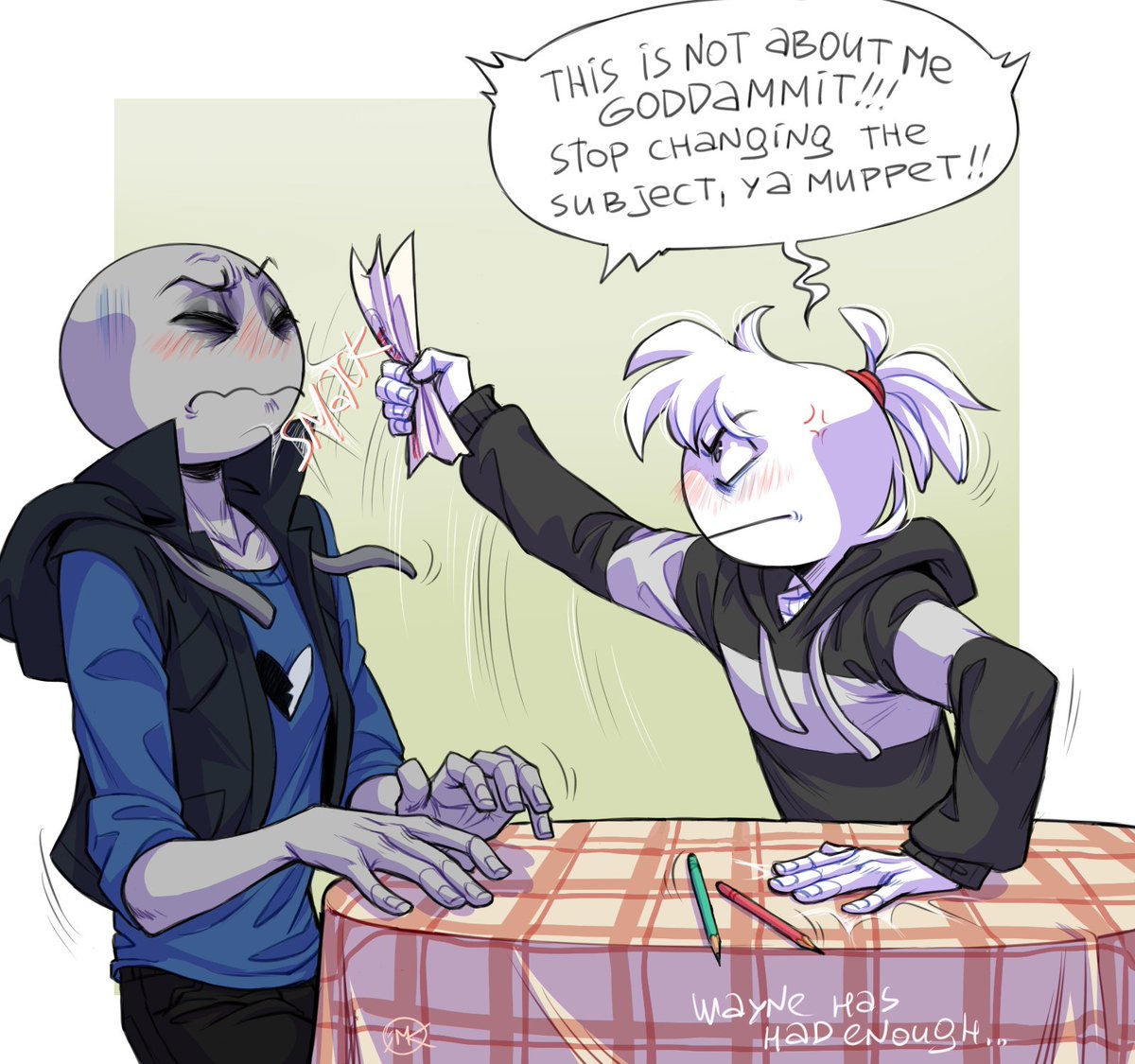 MaddSadtodd's tweet photo. Intermission. 
Has anyone made this joke yet? Well, now I did. 
I've also poked fun at some drawing issues, heh. 
Wayne can't draw. He can be good at literally anything else, except drawing. 
#YourBoyfriendfanart #YourBoyfriendGame https://t.co/G080aTZq70