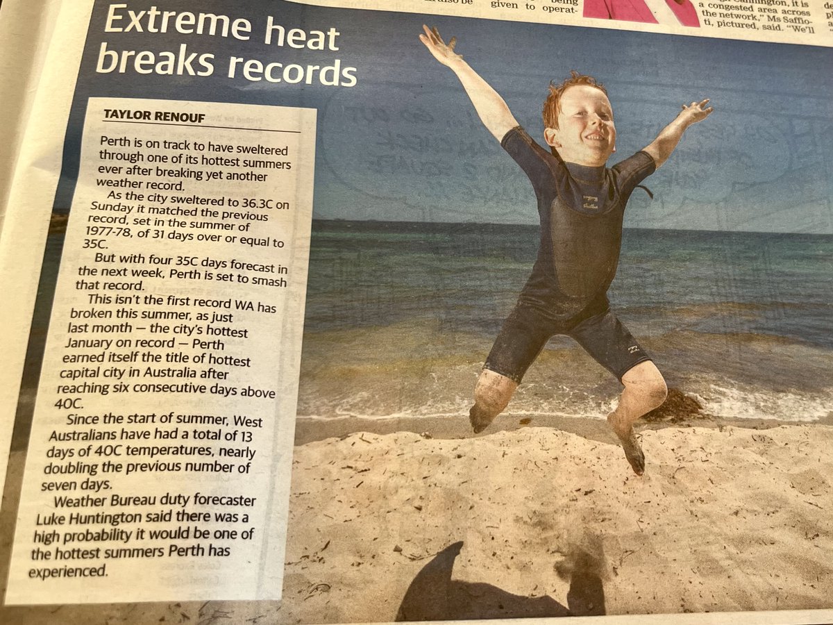 We need to talk about how we cover the #ClimateEmergency 

Jumping with joy is not how many Western Australians  feel about the past month of extreme heat &amp; confirmation this is officially one of our hottest summers ever

And no mention of climate change?thewest.com.au/news/wa/perth-…