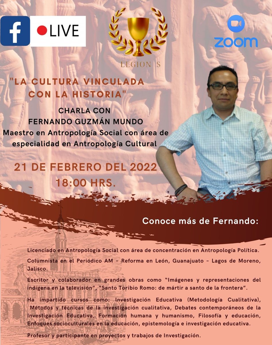 legions_01's tweet photo. 📌 La familia Legions   a través de la Dirección Cultura e Historia te invitan a la charla  magistral "𝙇𝙖 𝙘𝙪𝙡𝙩𝙪𝙧𝙖 𝙫𝙞𝙣𝙘𝙪𝙡𝙖𝙙𝙖 𝙘𝙤𝙣 𝙡𝙖 𝙝𝙞𝙨𝙩𝙤𝙧𝙞𝙖" 

Transmitido en
👇🏻
https://t.co/Y6e2FmVLR8

#JuventudYExperiencia https://t.co/v9YwmaAKhb