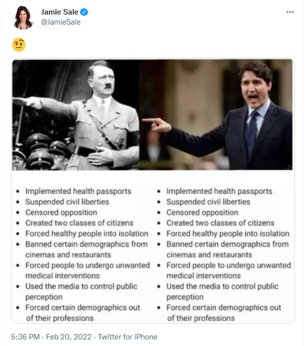No words to describe how insanely stupid this is - by former Olympic gold medal figure skater <a href="/JamieSale/">Jamie Sale</a>. It is historically illiterate, shows a perverted reading of Canadian politics, and is a trivialization of the Holocaust - 6 million dead - that is an insult to their memory.