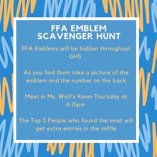 Happy National FFA Week! Here is this weeks agenda as well as the information for our scavenger hunt! We are so excited to celebrate FFA and everyone involved! #gcffa #ghs #chhs #nationalffaweek