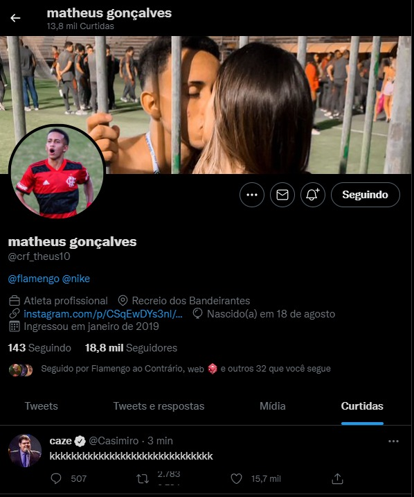 venecasagrande's tweet photo. Muitos torcedores criticando Matheus Gonçalves, joia do Flamengo, por conta de uma risada postada pelo Cazé, torcedor do Vasco. Mas tenho a impressão que o post foi logo após um jogador do Atlético-MG desperdiçar penalidade. Cuidado para não cometerem uma injustiça. O próprio (+) https://t.co/eDhdPKntwX