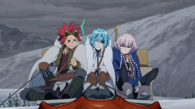 One character smilingly inserting themselves between two unimpressed/annoyed ones on a sled